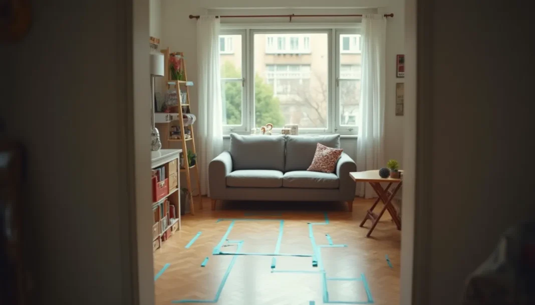 Salón pequeño con muebles compactos y marcas de cinta para planificar su distribución.