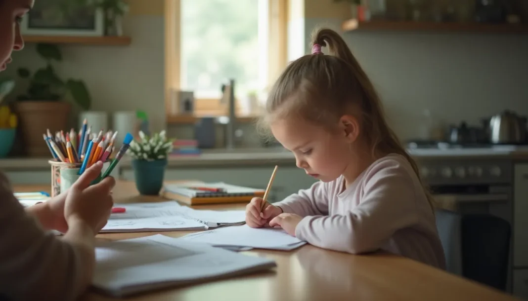 Niño estudiando en casa mientras un adulto organiza el material escolar