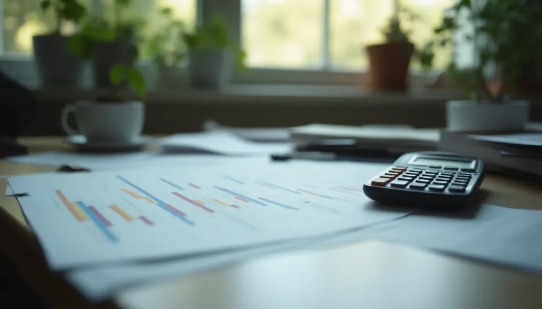 Mesa de oficina con documentos financieros y gráficos de rentabilidad de bonos