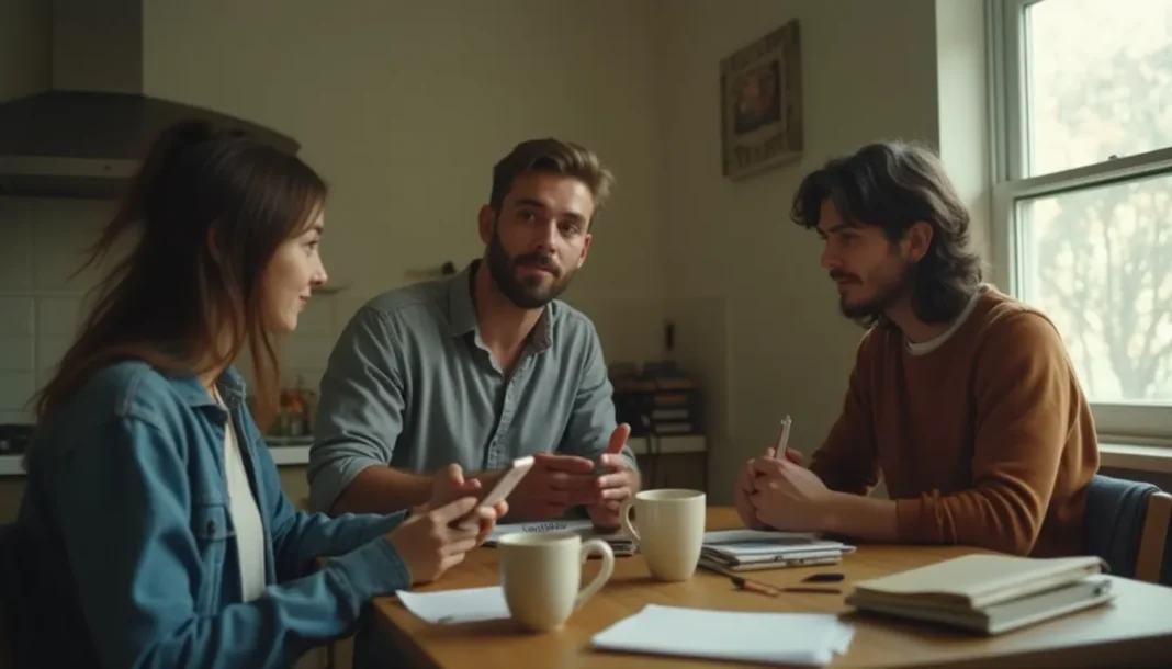Amigos conversando en una cocina sobre una mesa, en un momento cotidiano y relajado.