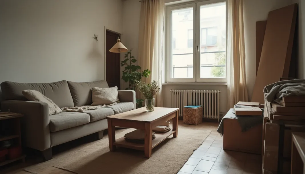 Salón parcialmente amueblado con muebles económicos, textiles y cajas durante una decoración por fases.