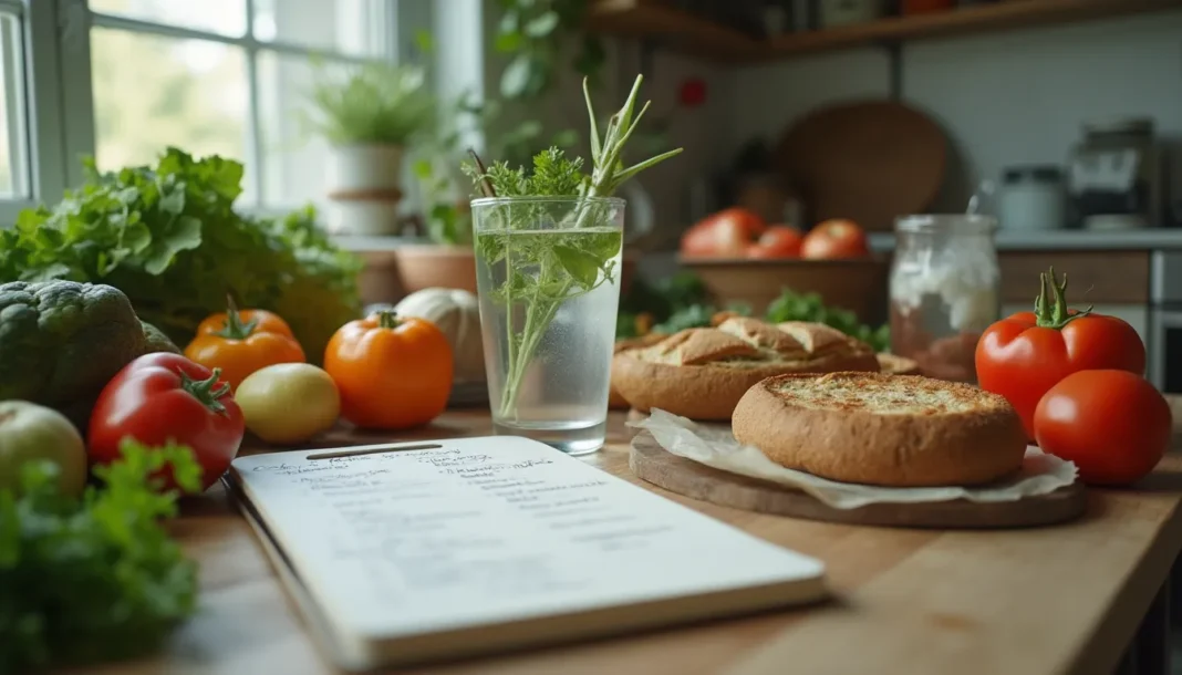 Mesa de cocina con alimentos variados, agua y una lista de compra para planificar una dieta saludable.