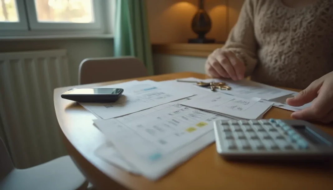 Mesa de un hogar con documentos, calculadora y llaves, símbolo del esfuerzo económico para comprar vivienda.
