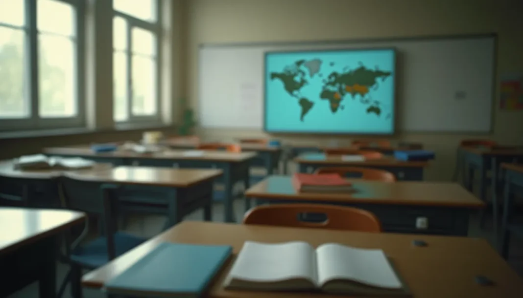 Aula escolar vacía con cuadernos y un ordenador mostrando datos educativos
