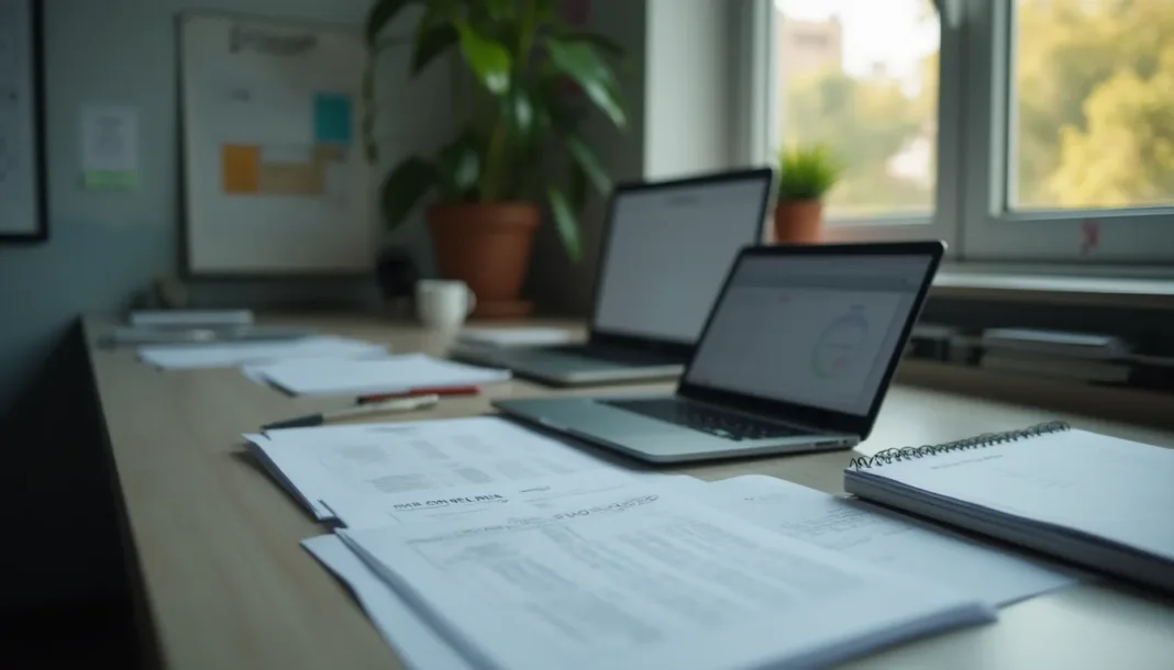 Mesa de oficina con documentos laborales y un portátil que sugiere control algorítmico