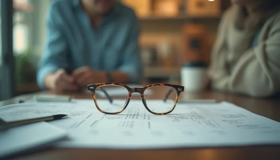 Mesa de una óptica con gafas, documentos y luz natural