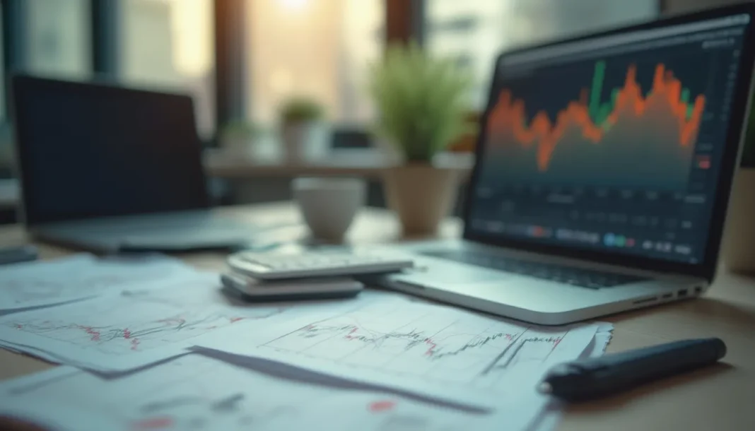 Mesa de oficina con documentos económicos, calculadora y portátil en luz natural.