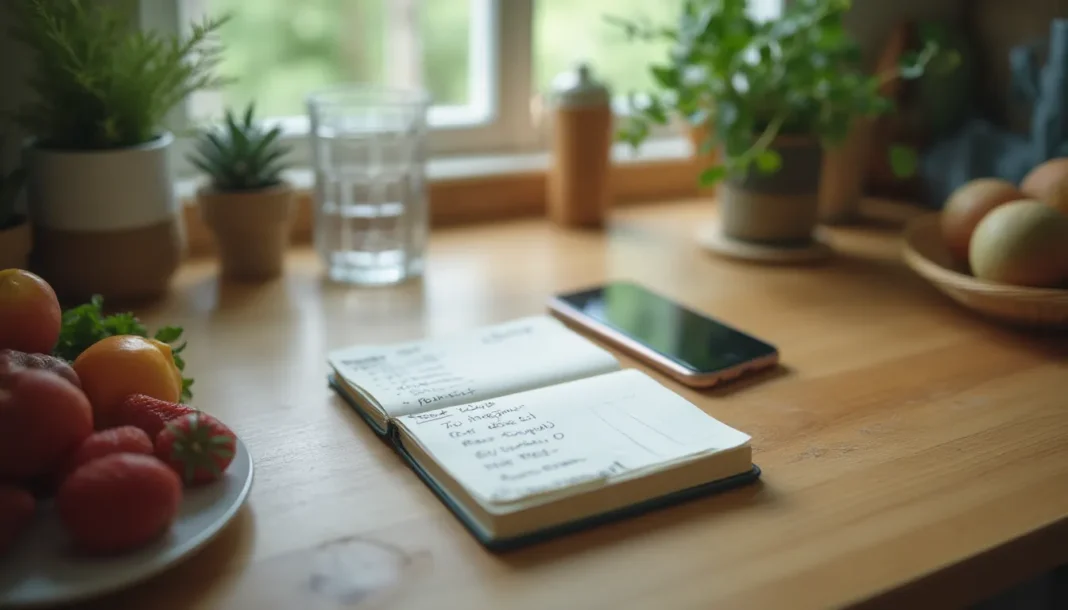 Mesa doméstica con un cuaderno de rutinas, alimentos sencillos, agua y un móvil boca abajo.