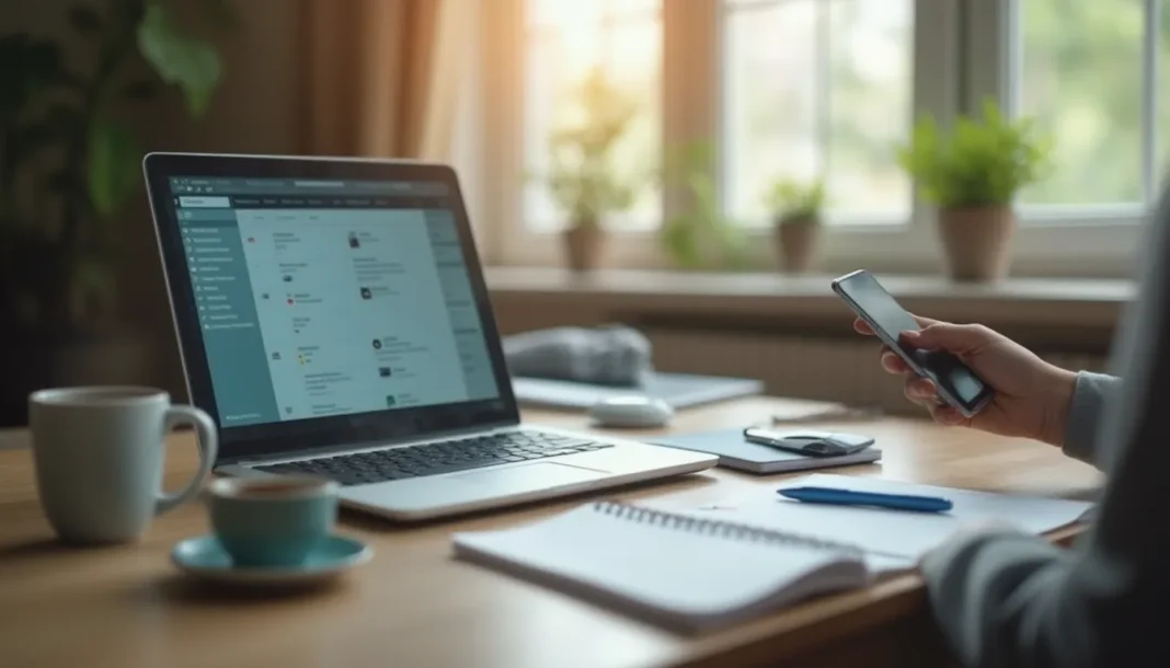 Mesa de trabajo con portátil y documentos que representa un agente de inteligencia artificial