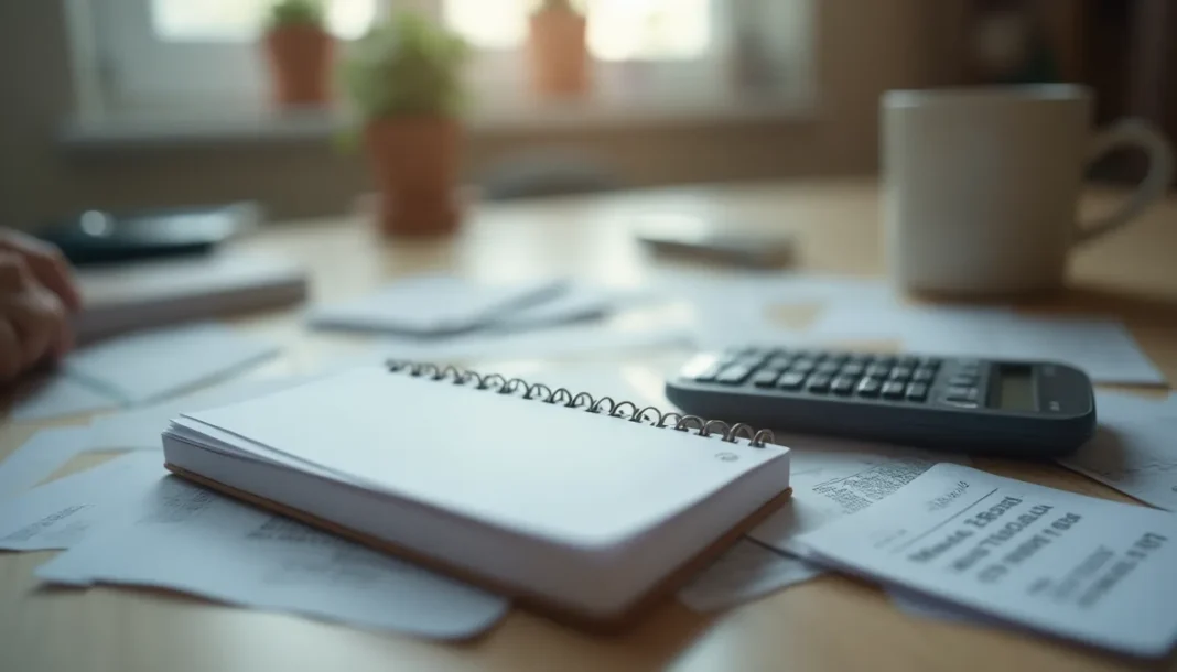 Cuaderno de presupuesto, calculadora y recibos sobre una mesa del hogar
