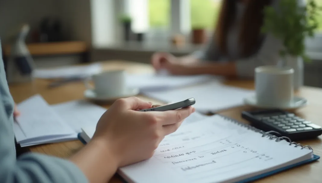 Cuaderno de presupuesto, recibos y calculadora sobre una mesa del hogar.