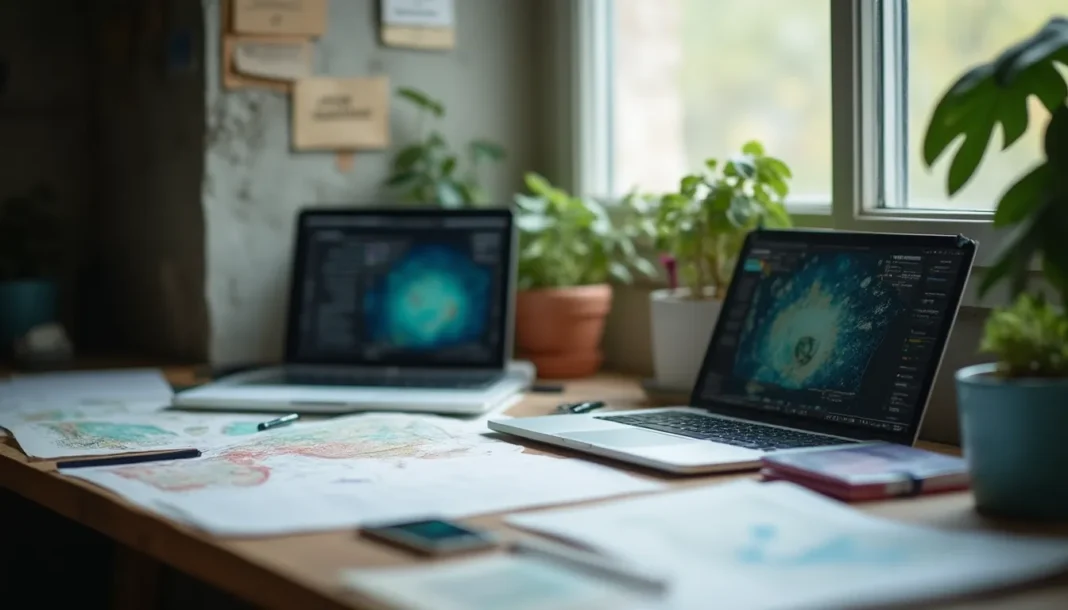 Mesa de trabajo con mapas y portátil sobre tecnologías espaciales para emergencias climáticas.