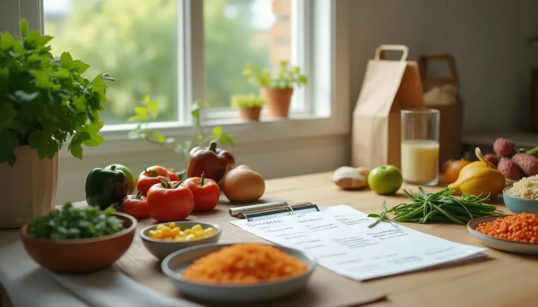 Mesa de cocina con alimentos variados y un menú semanal para planificar comidas saludables