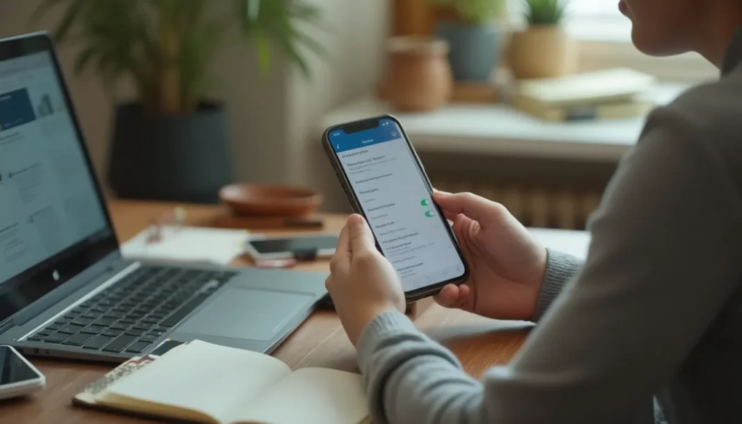 Persona revisando los permisos de privacidad de sus aplicaciones en el móvil junto a un portátil.